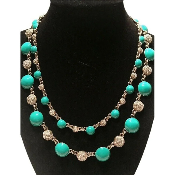 Ann Taylor Gold Tone Turquoise Rhinestone Double Chain Statement Necklace - Picture 2 of 7